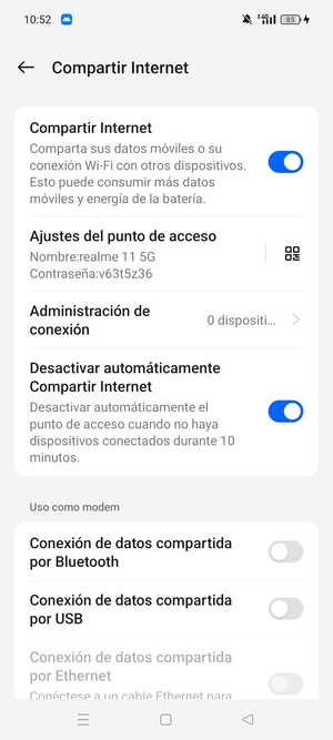 El teléfono ha sido configurado para su uso como módem