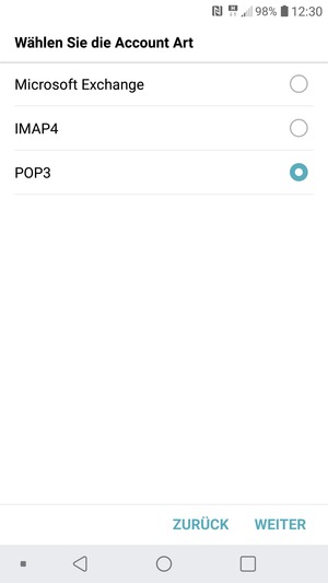 Wählen Sie IMAP4 oder POP3 und wählen Sie WEITER