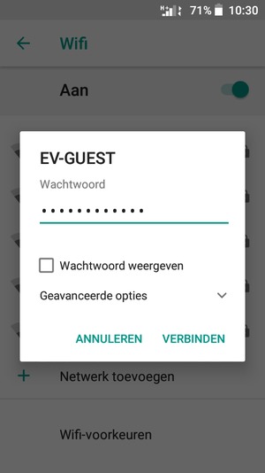 Voer het Wifi-wachtwoord in en selecteer VERBINDEN