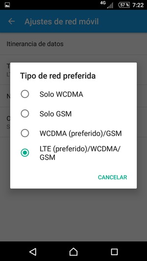 Seleccione WCDMA (preferido)/GSM para habilitar 3G y LTE (preferido)/WCDMA/GSM para habilitar 4G