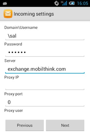 Enter Username and Exchange Server address. Select Next