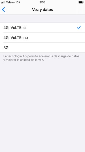 Para habilitar 4G, seleccione 4G, VoLTE: sí o 4G, VoLTE: no