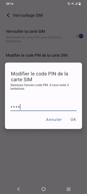 Enter your Ancien code PIN de la carte SIM and select OK