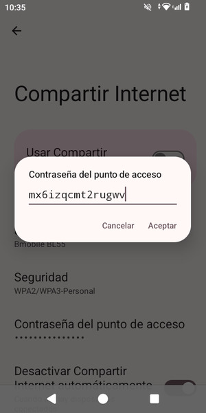 Introduzca una contraseña de punto de acceso Wi-Fi de al menos 8 caracteres y seleccione Aceptar