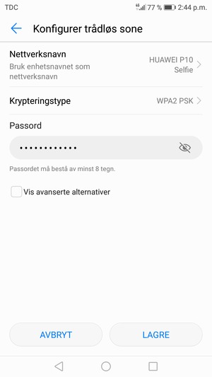 Skriv inn et Wi-Fi hotspot-passord på minst 8 tegn og velg LAGRE