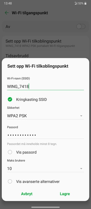 Skriv inn et Wi-Fi hotspot-passord på minst 8 tegn og velg Lagre