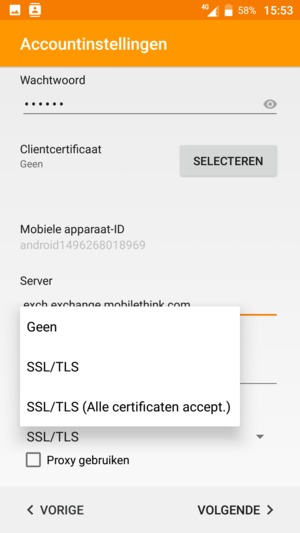 Selecteer SSL/TLS (Alle certificaten accept.) en selecteer VOLGENDE