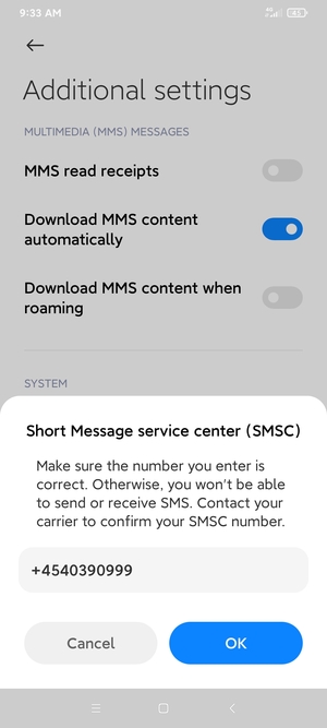 Enter the Short Message service center (SMSC) number and select OK