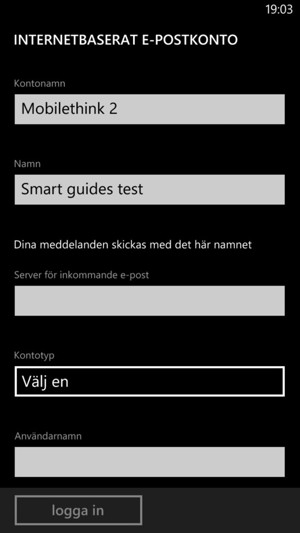 Ge ditt konto ett namn och ange ditt namn. Ange Inkommande serveradress.