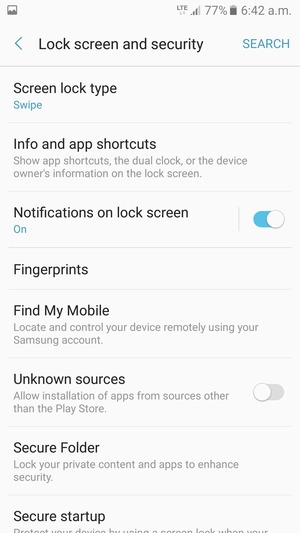 To activate your screen lock, go to the Lock screen and security menu and select Screen lock type