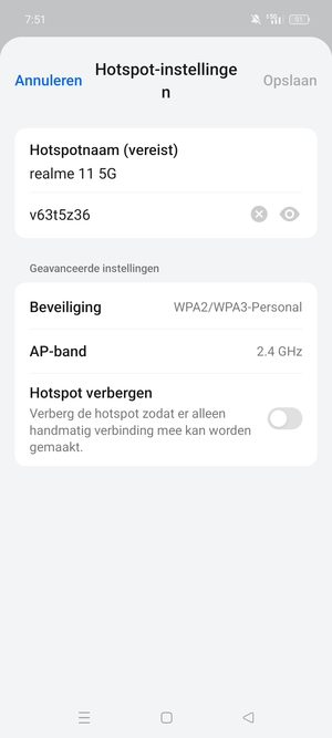 Voer een wachtwoord van een WiFi-hotspot in van ten minste 8 tekens en selecteer Opslaan