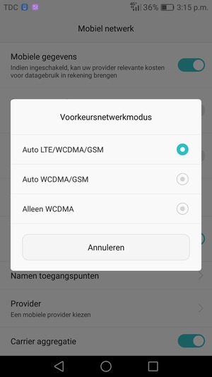 Selecteer Auto WCDMA/GSM om 3G in te schakelen en Auto LTE/WCDMA/GSM om 4G in te schakelen