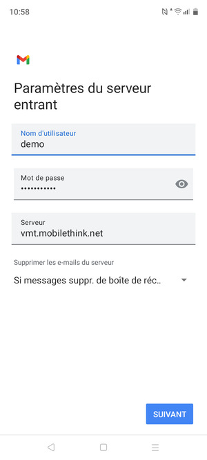 Saisissez votre Nom d'utilisateur et l'adresse du serveur entrant. Sélectionnez SUIVANT