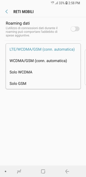 Seleziona WCDMA/GSM (conn. automatica) per abilitare 3G e LTE/WCDMA/GSM (conn. automatica) per abilitare 4G