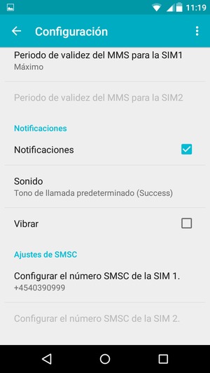Seleccione Configurar el número SMSC de la SIM 1 o Configurar el número SMSC de la SIM 2