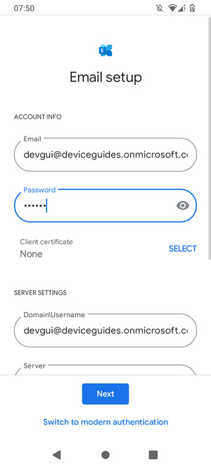 Enter Username and Exchange server address. Select Next