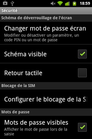 Pour modifier le code PIN de la carte SIM, retournez dans le menu Sécurité et sélectionnez Configurer le blocage de la SIM