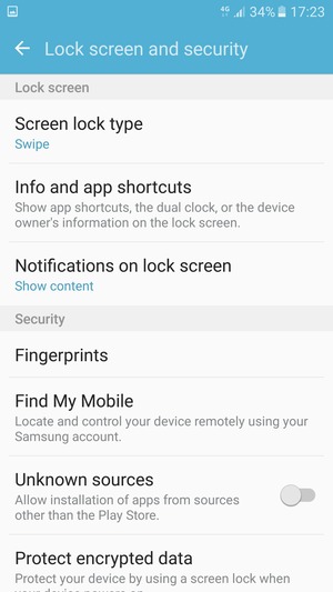 To activate your screen lock, go to the Lock screen and security menu and select Screen lock type