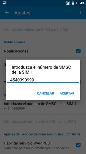 Introduzca el número de SMSC da la SIM y seleccione ACEPTAR