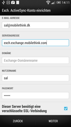 Geben Sie die Exchange Server-Adresse und Nutzername ein. Wählen Sie WEITER