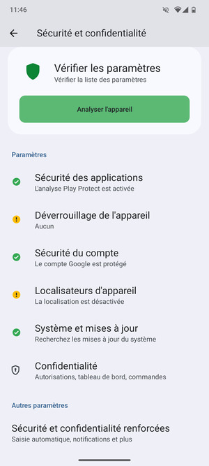 Pour modifier le code PIN de la carte SIM,  allez dans le menu Sécurité et confidentialité et faites défiler et sélectionnez Sécurité et confidentialité renforcées