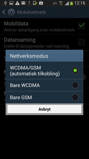 Velg Bare GSM for å aktivere 2G og WCDMA/GSM (automatisk tilkobling) for å aktivere 3G