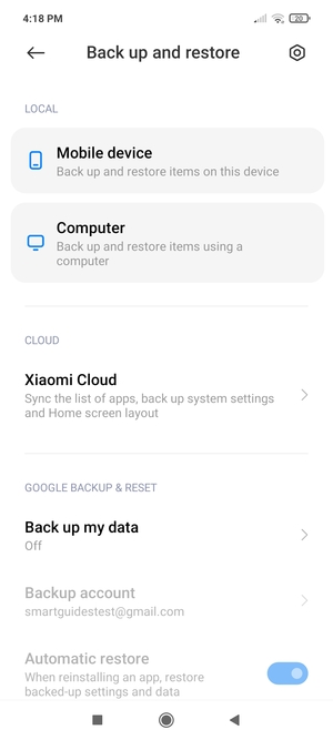 Scroll to and select Back up my data