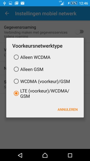 Selecteer LTE (voorkeur)/WCDMA/GSM om 4G in te schakelen