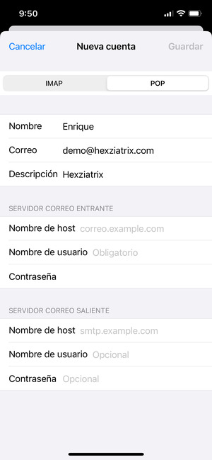 Seleccione IMAP o POP e introduzca la información de correo electrónico para SERVIDOR CORREO ENTRANTE