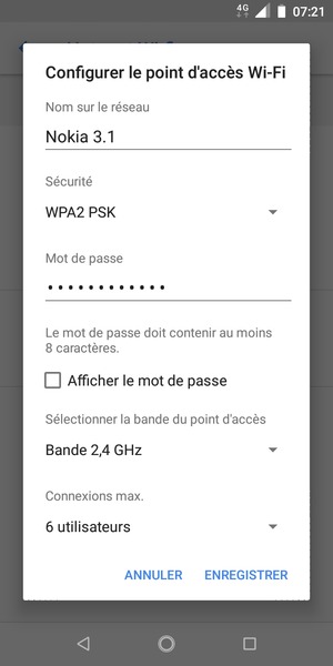 Saisissez un mot de passe de hotspot Wi-Fi d'au moins 8 caractères et sélectionnez ENREGISTRER