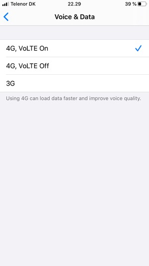 To enable VoLTE calls, select 4G, VoLTE On