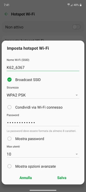 Inserisci una password dell'hotspot Wi-Fi di almeno 8 caratteri e seleziona Salva