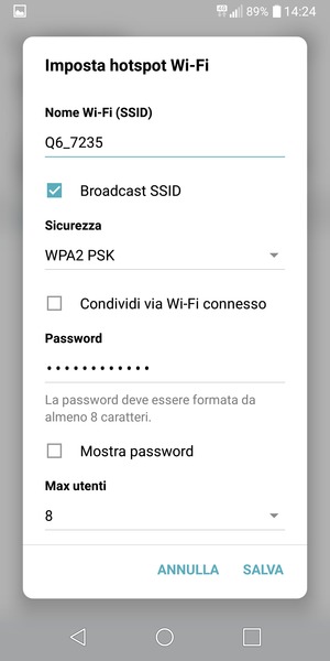 Inserisci una password di almeno 8 caratteri e seleziona SALVA