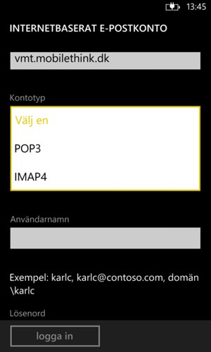 Välj POP3 eller IMAP4 och ange Användarnamn