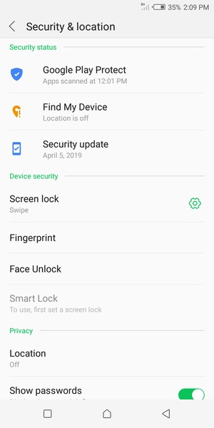 To activate your screen lock, go to the Security & location menu and select Screen lock