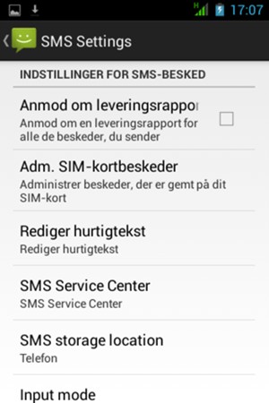 Vælg SMS Service Center
