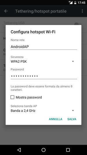 Inserisci una password dell'hotspot Wi-Fi di almeno 8 caratteri e seleziona SALVA