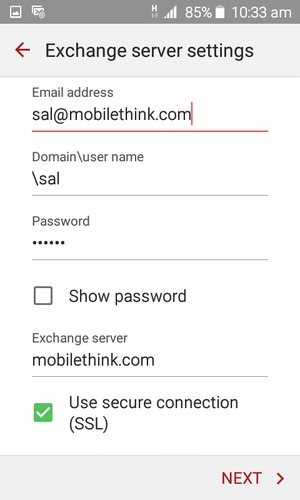 Enter User name and Exchange server address. Select NEXT