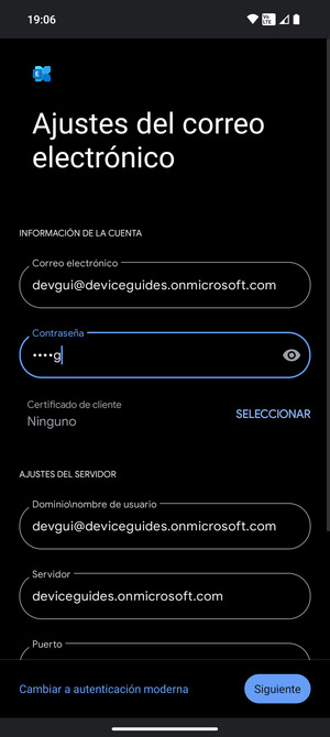 Introduzca Nombre de usuario y la dirección de servidor Exchange. Seleccione Siguiente