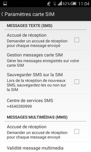 Sélectionnez Centre de services SMS