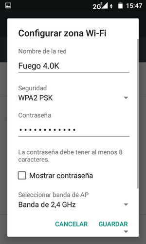 Introduzca una contraseña de punto de acceso Wi-Fi de al menos 8 caracteres y seleccione GUARDAR