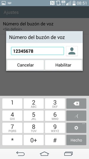 Introduzca el Número del buzón de voz y seleccione Habilitar