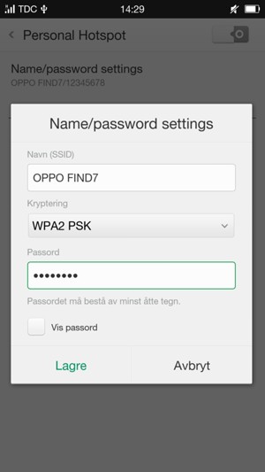 Skriv inn et Wi-Fi hotspot-passord på minst 8 tegn og velg Lagre