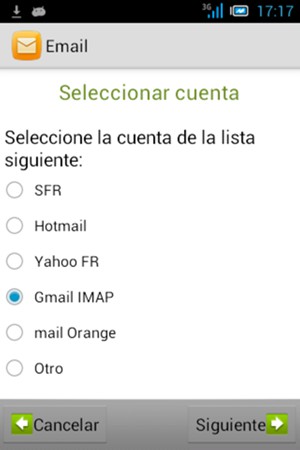 Seleccione Gmail IMAP o Hotmail y seleccione Siguiente