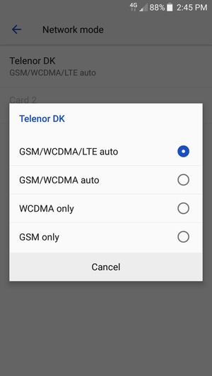 Select GSM/WCDMA auto to enable 3G and GSM/WCDMA/LTE auto to enable 4G