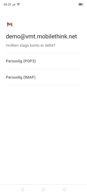 Vælg Persolig (POP3) eller Personlig (IMAP)