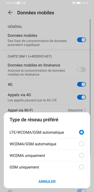 Sélectionnez WCDMA/GSM automatique pour activer la 3G et LTE/WCDMA/GSM automatique pour activer la 4G