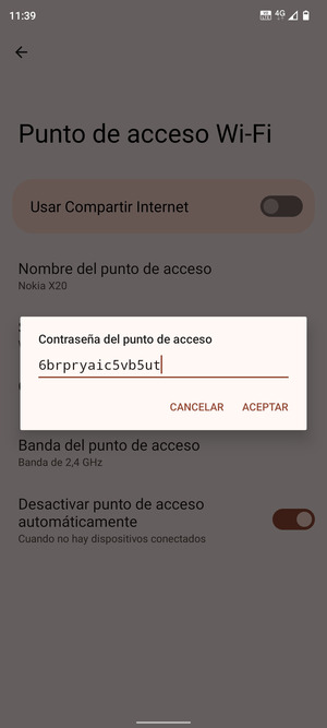 Introduzca una contraseña de punto de acceso Wi-Fi de al menos 8 caracteres y seleccione ACEPTAR