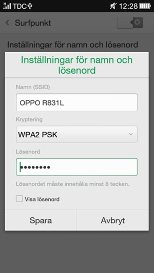 Ange ett lösenord för Wi-Fi-hotspoten, bestående av minst 8 tecken och välj Spara