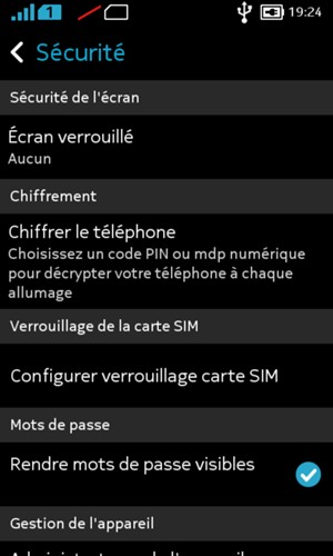 Pour modifier le code PIN de la carte SIM, retournez dans le menu Sécurité et sélectionnez Configurer verrouillage carte SIM